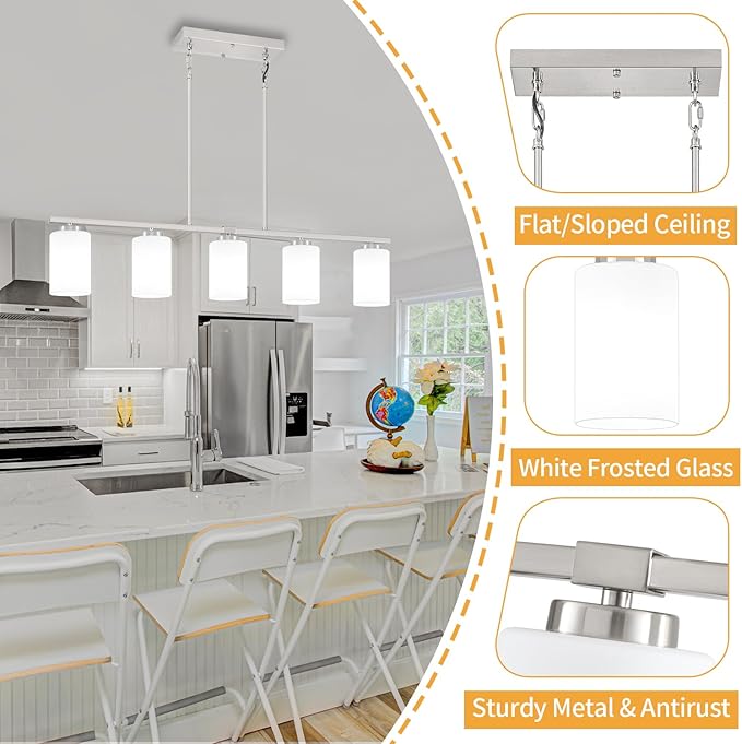 Brushed Nickel Island Lights for Kitchen, 5-Light Modern Dining Room Light Fixtures Over Table Glass Penadnt Lights Adjustable Kitchen Hanging Light Fixtures Linear Farmhouse Chandeliers Over Island