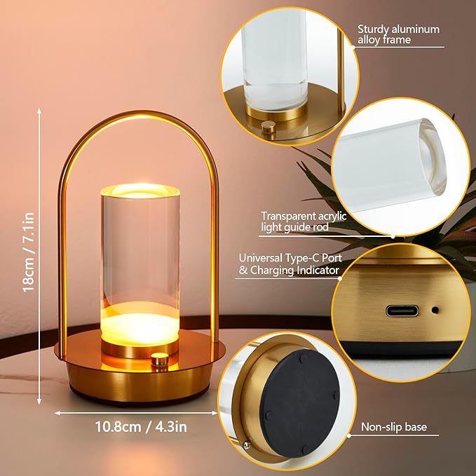 Cordless Table Lamp, 3-Color & Stepless Dimming with Touch Control, Portable Rechargeable for Outdoor Indoor Use, Water-Resistant Desk Light for Bedroom Living Room Patio (Gold)