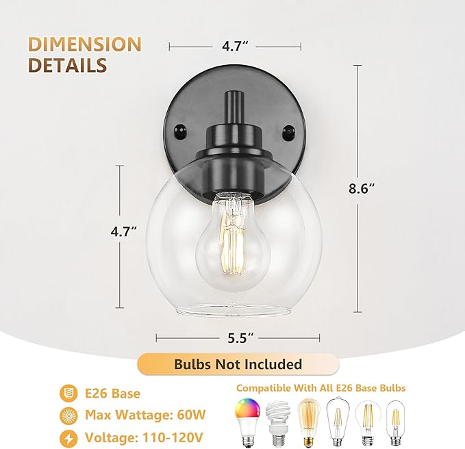Black Bathroom Vanity Lights, 1-Light Wall Sconce with Glass Globe Shade, Vanity Lighting for Bathroom/Bedroom/Dressing Room, Vertical/Horizontal Mounted, E26 Bulb Base (Bulb Not Included)