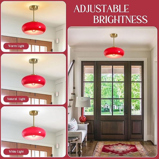 Hallway Ceiling Light Fixtures Glass Semi Flush Mount Ceiling Light with Red Dome Shade, Mid Century Modern Semi Flush Mount Lamp for Bedroom Dining Room Gold Brass Lights Fixture