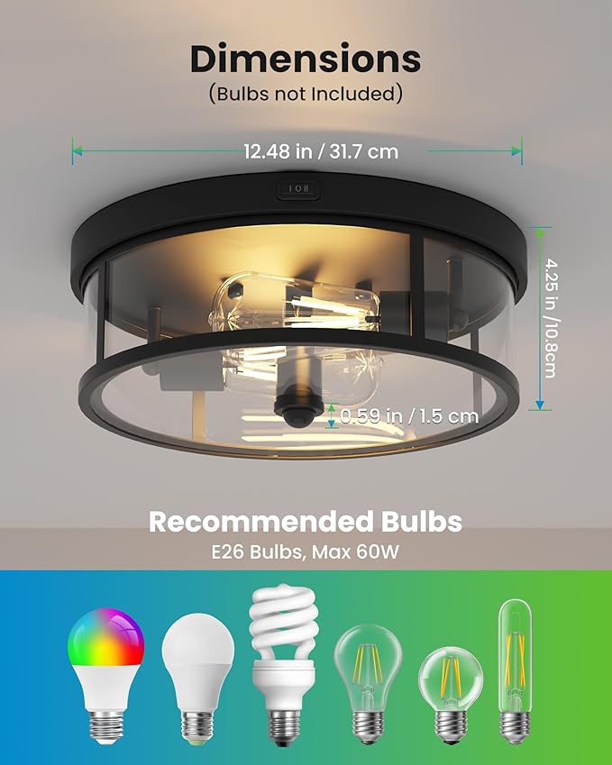 2Pack Outdoor Flush Mount Ceiling Light 12.5In - Motion Sensor Porch Light, 2-Light E26 Socket, Durable Iron & Clear Glass, Light Fixtures for Porch, Driveway, Covered Patio, Farmhouse
