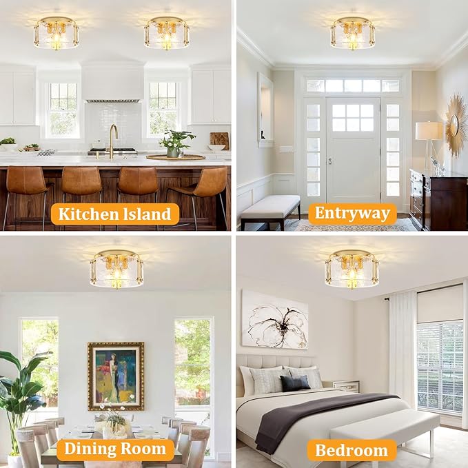 TOULMJ 15'' Modern Gold Semi Flush Mount Ceiling Light, 3-Light Hammered Glass Kitchen Ceiling Lighting Entryway Light Fixtures Ceiling Lamp for Hallway Foyer Bathroom Laundry Dining Room Bedroom