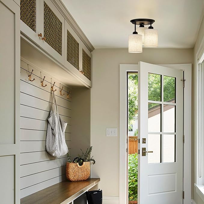 Semi Flush Mount Ceiling Light, 3-Light Close to Ceiling Light Fixtures, Matte Black Kitchen Light Fixtures with Linen Fabric Shade, Hallway Light Fixtures Ceiling Mount for Foyer Entryway
