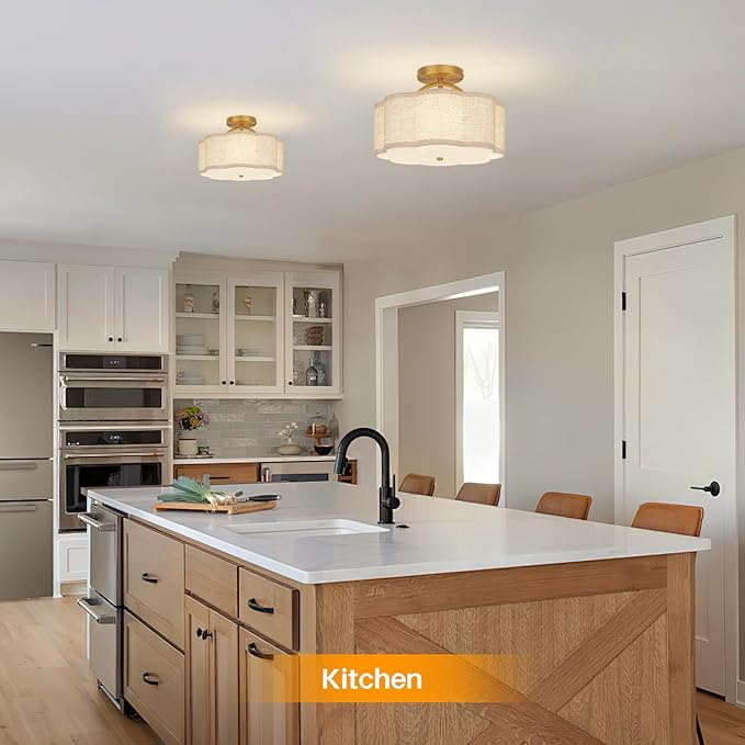 Semi Flush Mount Ceiling Light, 11.8" Modern 3-Light Fixture with Petal-Shaped Cream Beige Linen Shade and Golden Support Arm, Ideal for Bedroom, Kitchen, Living Room, Hallway, and Entryway