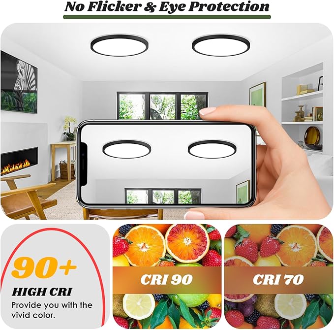 Brightever Black LED Flush Mount Ceiling Lights with Night Light, 12 Inch 2 Packs, 24W 2400LM Ceiling Light Fixtures, Dimmable & 2700K-6500K 5 Color in One Ceiling Lamp for Kitchen, Hallway, Closet