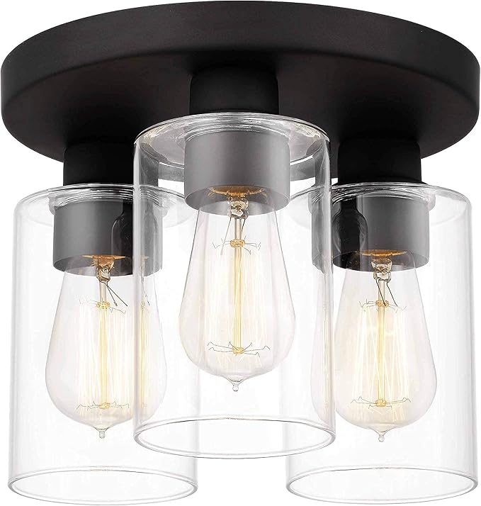 Debo Modern Farmhouse 3-Light Flush Mount Ceiling Light Fixture with Clear Glass Shade in Dark Bronze Finish for Hallway, Entryway, Passway, Bedroom, Garage, Kitchen, Balcony Living Room