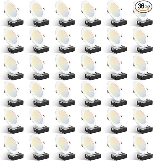 Amico 36 Pack 6 Inch 5CCT Ultra-Thin LED Recessed Ceiling Light with Plastic Junction Box, 2700K/3000K/3500K/4000K/5000K Selectable,1050LM, Dimmable Canless Wafer Downlight, 12W, ETL&FCC