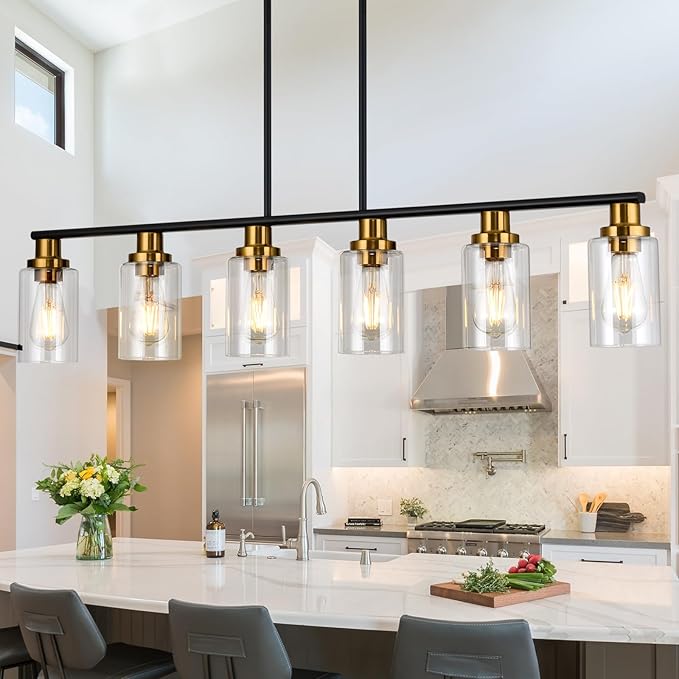 Island Light for Kitchen, 6-Light Farmhouse Dining Room Light Fixture with Clear Glass Shade, 44.3'' Matte Black and Gold Linear Chandelier Pendant Lighting for Dining Table Kitchen Living Room