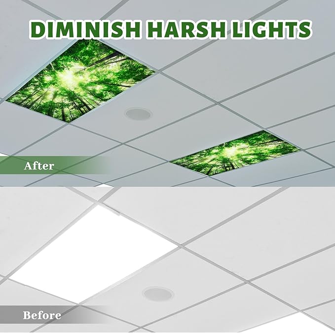 Hortsun 12 Pcs Fluorescent Light Covers Bulk, 4 x 2 ft Magnetic Fluorescent Drop Ceiling Lighting Covers Light Filter Shade for Home, Office, Hospital, School Classroom Decoration(Forest)