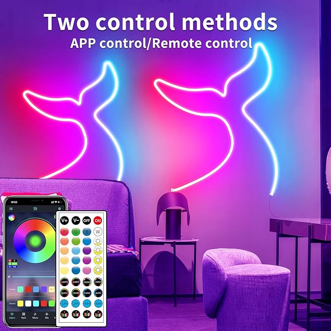 segrass 32.8ft LED neon Lights with Remote APP Control IP65 Waterproof Flexible Neon Strip Lights 24V RGB Rope Lights for Bedroom Room Outdoors Décor