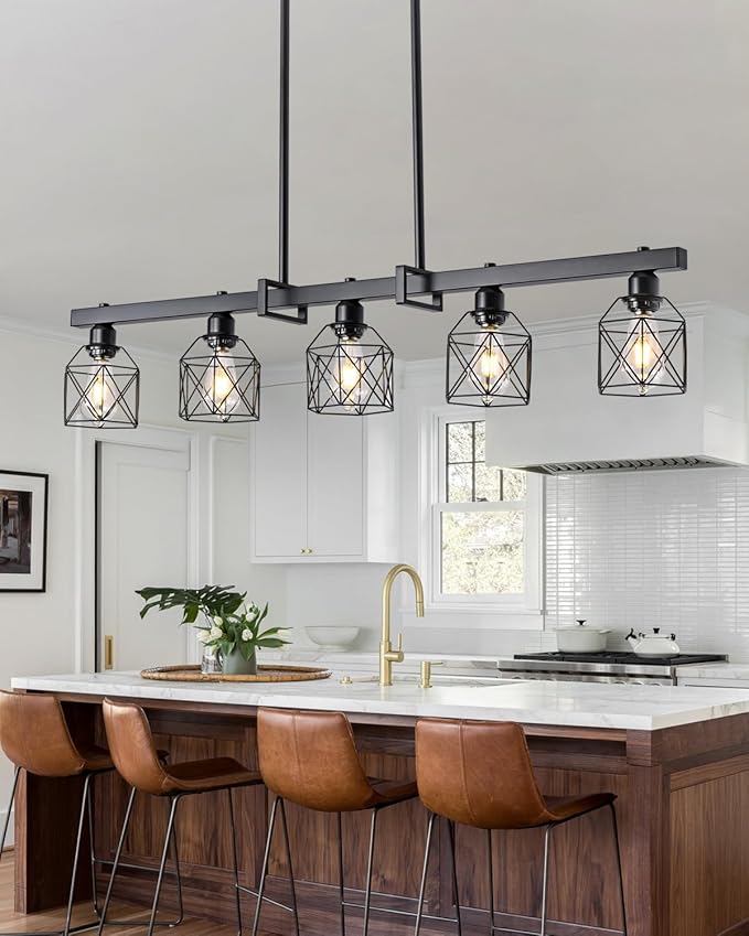 5-Light Farmhouse Kitchen Island Lighting Black Hardware and Black Metal cage Frame Design Rustic Vintage Pendant Ceiling Light Suitable for Dining Rooms and Living Rooms