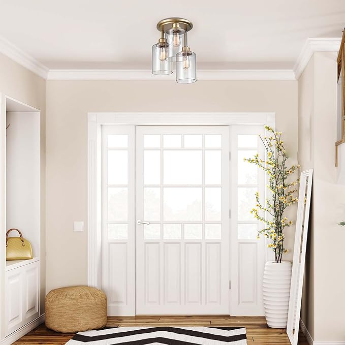 Globe Electric 65457 3-Light Flush Mount Ceiling Light, Matte Gold, Clear Glass Shades, Bedroom Lighting Fixtures Ceiling, Dining Room Fixture, Timeless Lighting for Hallway or Dining Room