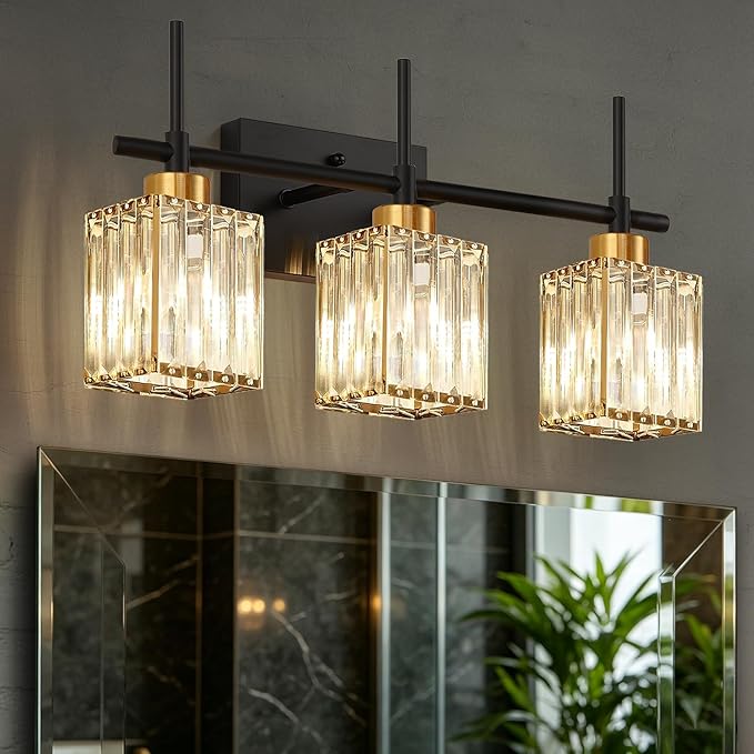 Torondo Modern Crystal 3-Light Vanity Lights for Bathroom Gold Bathroom Lights Over Mirror Black and Gold Vanity Lighting Fixtures Square Shade Brass Wall Sconce (Bulbs Not Include)