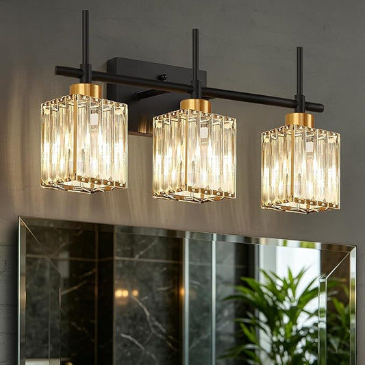 Torondo Modern Crystal 3-Light Vanity Lights for Bathroom Gold Bathroom Lights Over Mirror Black and Gold Vanity Lighting Fixtures Square Shade Brass Wall Sconce (Bulbs Not Include)
