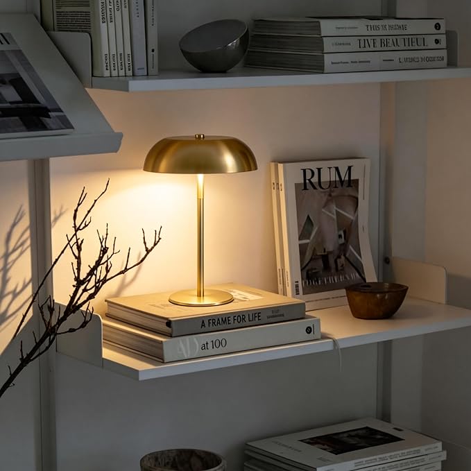 Portable LED Mushroom Table Lamp, Cordless Gold Table Lamp with 3 Color Stepless Dimming, Touch Control, Adjustable Height, Touch Lamp for Nightstand, Bedroom, Coffee Table, Bar, Restaurant, Wedding