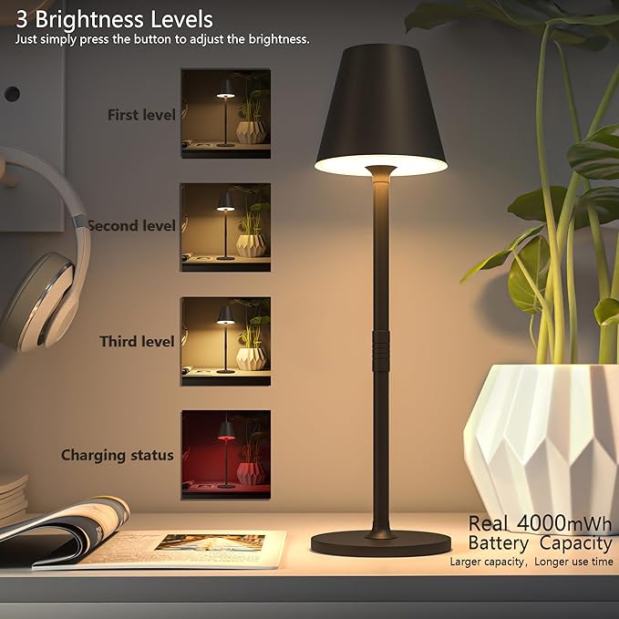 Timjorman Modern LED Cordless Table Lamp, 4000mAh Rechargeable Battery, 3 Level Brightness Night Light, Metal Shell, Minimalist Design, for Couples Dinner/Coffee Table/Restaurant/Bedroom, Khaki