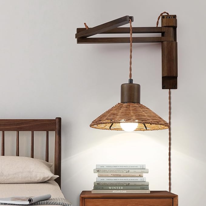Wood Plug in Wall Sconces, Swing Arm Wall Lamp with Dimmable On Off Switch, Vintage Wall Mounted Light Fixture with Cord for Bedroom Nightstand Bedside Reading Lamp - Bulb Included