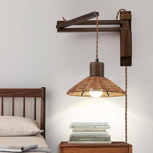 Wood Plug in Wall Sconces, Swing Arm Wall Lamp with Dimmable On Off Switch, Vintage Wall Mounted Light Fixture with Cord for Bedroom Nightstand Bedside Reading Lamp - Bulb Included