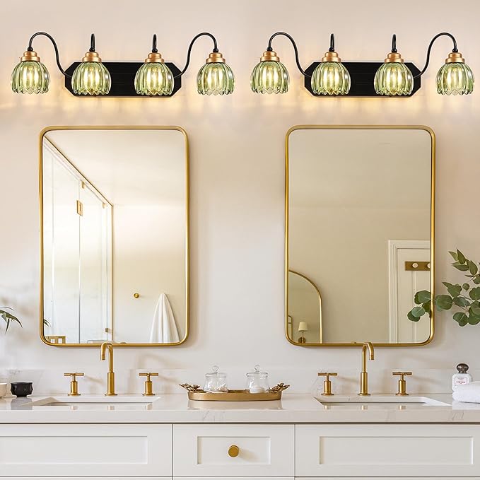 Vintage Bathroom Vanity Light, 4 Light Bathroom Lighting Fixtures Over Mirror, Mid Century Style Farmhouse Light Fixtures with Green Glass Shades, Black Finish Wall Mount for Bedroom , Living Room