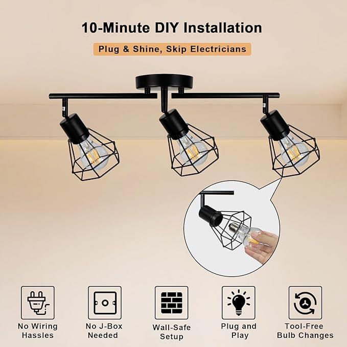 HiBay Track Lighting Plug in, 3-Light Directional Ceiling Light Fixture Black, Farmhouse Plug-in Track Light E26 Wall Spotlight with 16.4ft Cord & in-Line On/Off Switch for Kitchen Dining Room