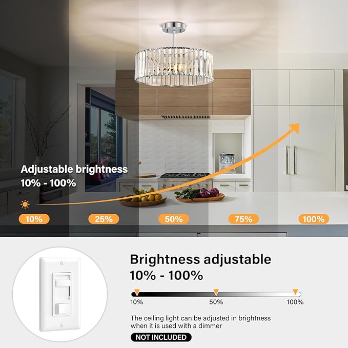 Chrome Crystal Ceiling Light Fixture, Modern Semi Flush Chandelier, Round Hanging Lighting Chandeliers for Dining Room, Kitchen, Bedroom, 3-Light, 15.74 Inch