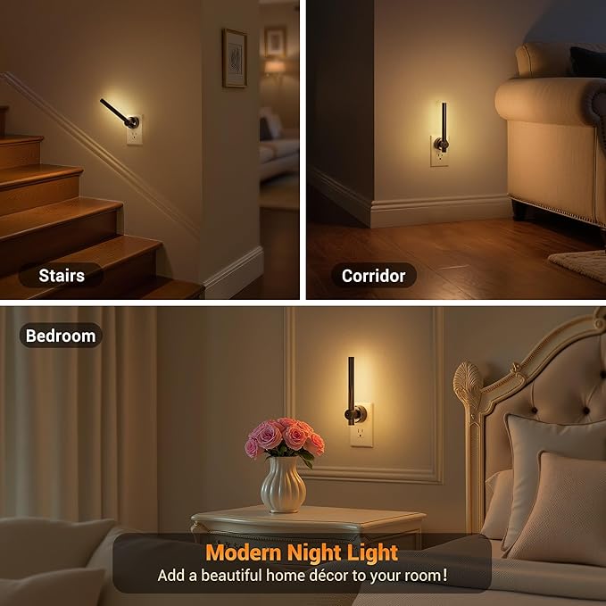 JandCase Night Light, Night Lights Plug into Wall with Dusk to Dawn Sensor, 330° Rotatable Plug, 0-100LM Dimmable Light Bar for Vanity Bedroom Bathroom, 1 Pack