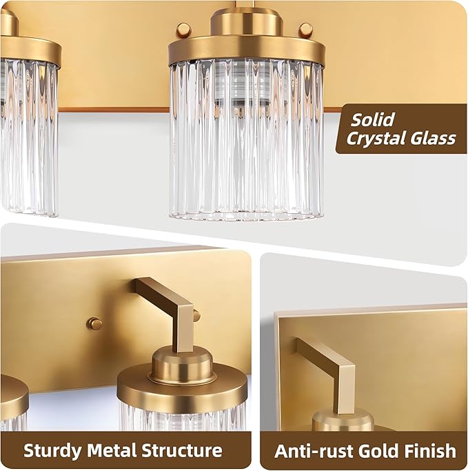 Modern Crystal Bathroom Light Fixtures, 3 Light Gold Vanity Lights, with Crystal Glass Shade, Industrial Bathroom Lighting Fixtures Over Mirror Wall Light for Bedroom Living Room