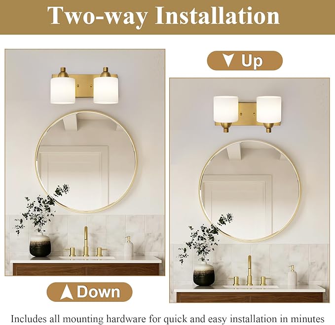 Mecgirn Stainless Steel Milk Glass Vanity Lights for Bathroom, 2 Light Gold Bathroom Light Fixtures Over Mirror, Ceramic E26 Sockets Wall Mounted