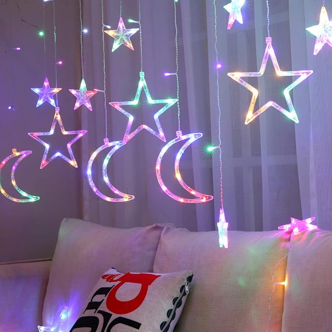 138 Led Curtain String Light Star Moon Icicle Light with 8 Lighting Modes with Timer Remote USB Operated Dimmable Fairy String for Window Wall Home Decoration