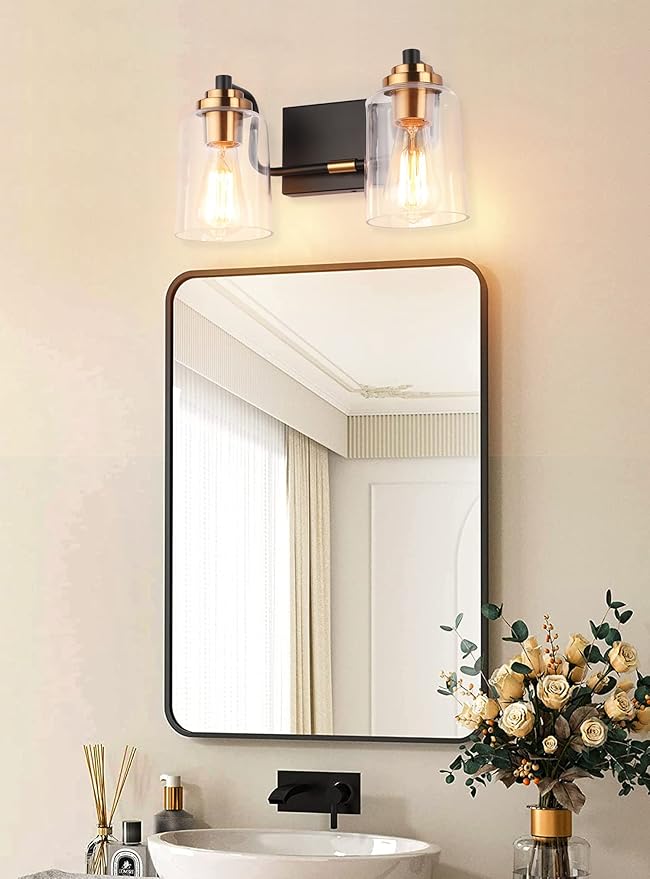 SOLFART Vintage Bathroom Vanity Light Black Bathroom Light fixtures Over Mirror Metal with Clear Glass Brass Fixtures Wall Mount Wall Lighting Sconce (2 Lights)