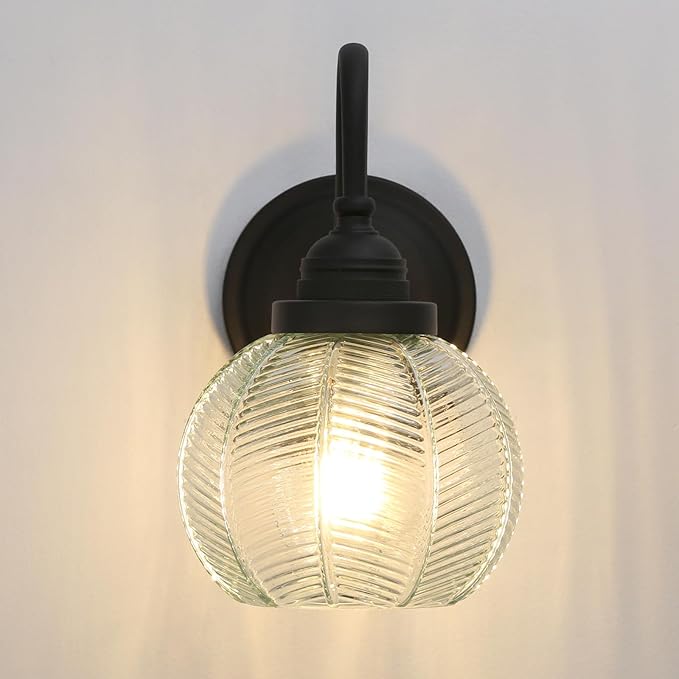 PERMO Vintage Wall Sconce with Clear Ribbed Glass Shade Retro Matte Black Sconce Bronze Bathroom Wall Light for Loft Kitchen Living Room Bedroom Hallway Doorway