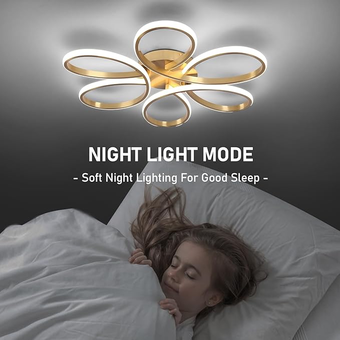 26inch Modern LED Ceiling Light, 6 Rings Flower Flush Mount Light Fixture with Remote Control Gold Dimmable Ceiling Lamp for Bedroom, Dining Room, Hallway, Kitchen
