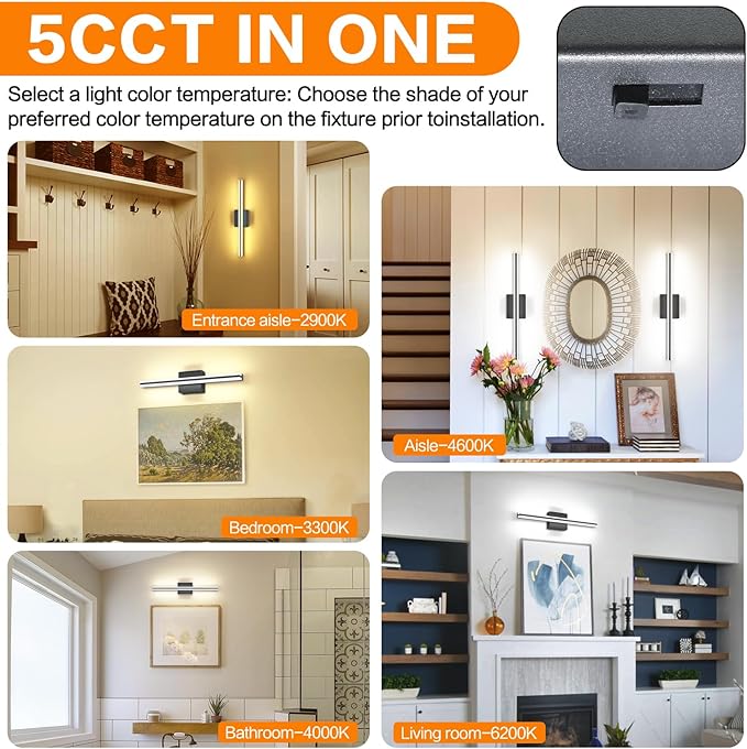 SOLFART Bathroom Light Fixtures Over Mirror Dimmable 5CCT Modern LED Black Vanity Light 24 Inch Wall Lights