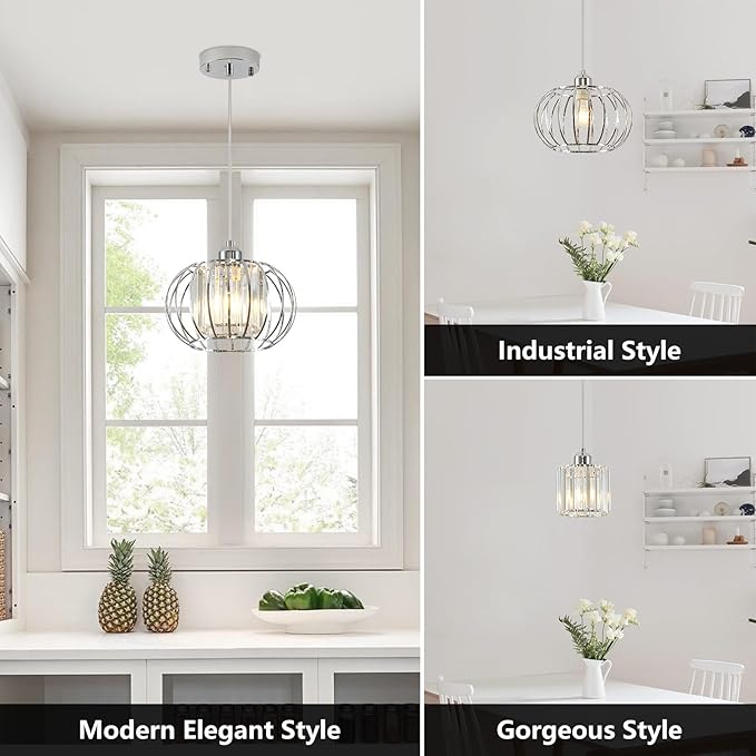 XSDeTu Modern Chrome Pendant Light Fixtures, Mini Crystal Hanging Light Chandelier, Metal Kitchen Island Lighting, Adjustable Pendant Lighting for Kitchen Island, Dining Room, Bedroom, Hallway