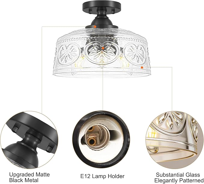 11.4In Vintage Black Semi Flush Mount Ceiling Light Fixture, 3-Light Hallway Light Fixture with Thickened Glass, Close to Ceiling Light for Kitchen, Entryway, Foyer, E12