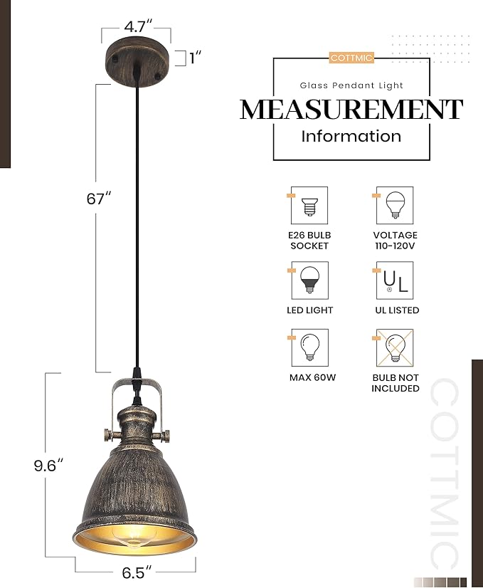 Bronze Pendant Lights Kitchen Island 3 Pack, Vintage Pendant Light, 6.5’’ Farmhouse Kitchen Light Fixtures, Adjustable Height, Pendant Lighting for Dining Room, Living Room, Sink, Bar