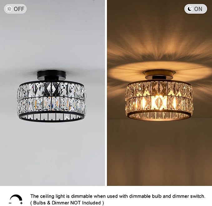 Crystal Ceiling Light, Modern Flush Mount Ceiling Light, Black Crystal Chandelier for Kitchen Bedroom Bathroom Entryway Hallway, 1 Light