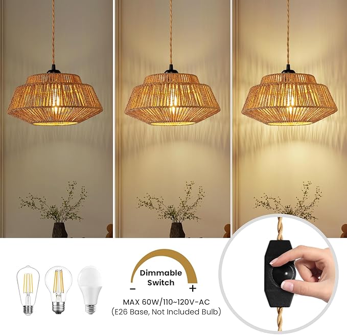 Epinl Hanging Lamp Plug in Pendant Light - Boho Hanging Light 11.8 inch Rattan Pendant Lights for Ceiling Dimmable Hanging Lamps for Living Room Bedroom Kitchen Farmhouse with 23ft Cord