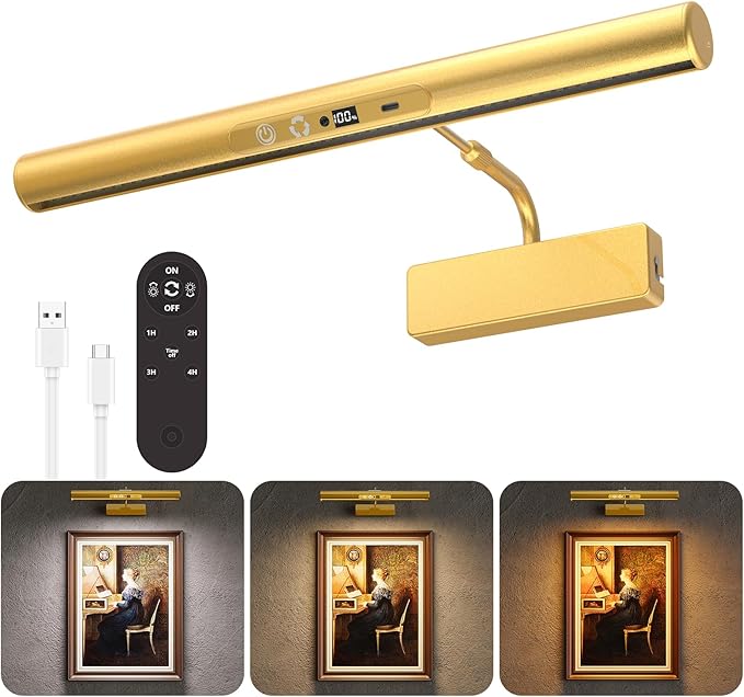 Skairipa Picture Light for Wall, 6000mAh Rechargeable Wireless Wall Lights Remote, 13'' Dimmable LED Art Painting Light with 3 Color Temps, Display for Gallery, Living Room, Hallway (Gold, 1Pack)