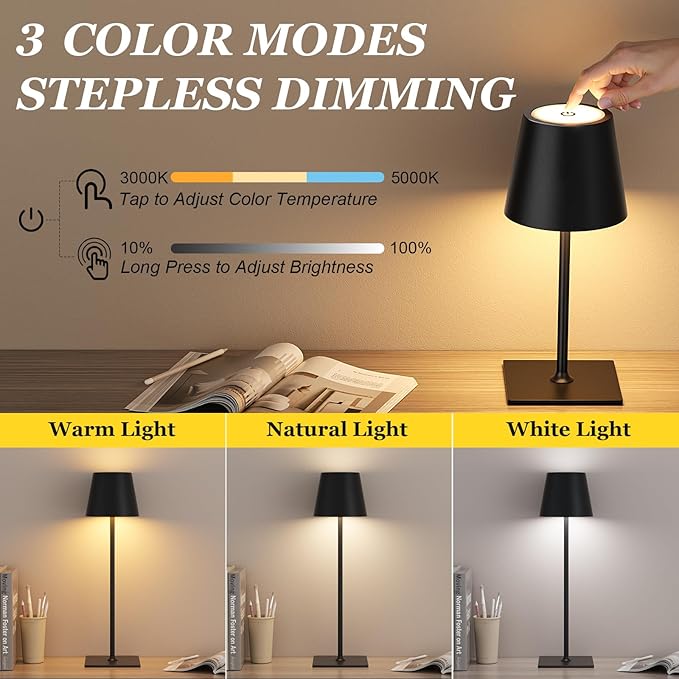 Kakanuo Cordless Rechargeable Table Lamp Black 5000mAh Battery Operated Lamps, 3 Colors Stepless Dimming Touch Lamp for Living Room, Kitchen Counter, Dining, Outdoor Patio, 2 Pack