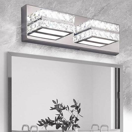 OKELI Crystal Bathroom Lighting Fixtures Over Mirror 2 Light Chrome Vanity Light Modern Vanity Wall Light for Washbasin, Dressing Table, 18W, Dimmable Cold White