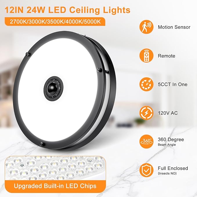 Motion Sensor Outdoor Ceiling Light with Remote, 24W Dimmable 2700K/3000K/3500K/4000K/5000K Flush Mount Porch Light, 12" Dusk to Dawn Exterior Lighting Fixtures for Patio, Porch, Entryway