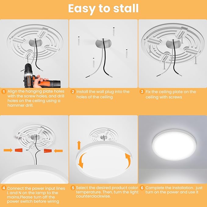 2 Pack Led Ceiling Light - 12 Inch, 24W, Flat, 3 Color Temperature Select, Round, White - LED Flush Mount Light Fixtures for Bedroom