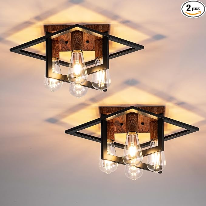 Semi Flush Mount Ceiling Light Fixture, 4 Light Industrial Ceiling Light with Black Frame & Wood Grain Accent, Close to Ceiling Farmhouse Lighting for Kitchen, Bathroom, Bedroom, Hallway (E26,2-Pack)
