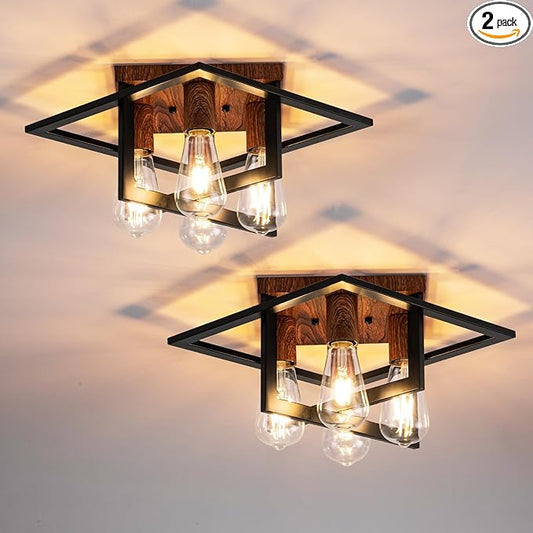 Semi Flush Mount Ceiling Light Fixture, 4 Light Industrial Ceiling Light with Black Frame & Wood Grain Accent, Close to Ceiling Farmhouse Lighting for Kitchen, Bathroom, Bedroom, Hallway (E26,2-Pack)
