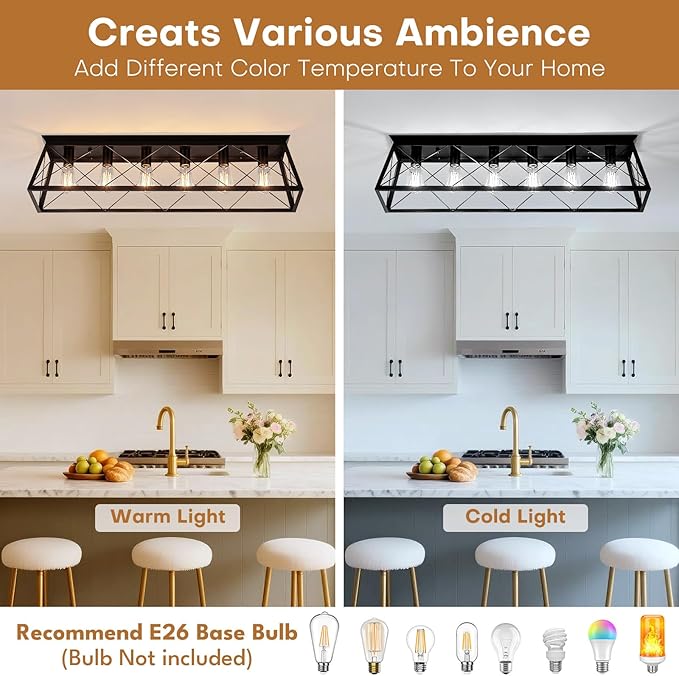 38” Large Black Flush Mount Ceiling Light Fixture, 6-Light Vintage Industrial Cage Chandelier for Dining Room, Kitchen Island, Living Room, Hallway, Dimmable Semi Flush Mount Close to Ceiling Lighting