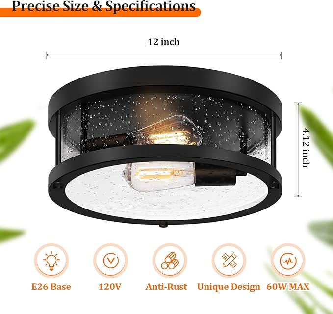 Black Flush Mount Ceiling Light Fixture, Farmhouse Light Fixture with Seeded Glass Lampshade, 2-Light Industrial Close to Ceiling Lighting for Hallway, Kitchen, Entryway, Foyer(Bulb Not Included)