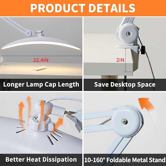 48W Eye-Caring LED Clip On Desk Lamp, 2700K/4200K/5600K with Remote, Curved Design for Focused Lighting, CRI 95+ for Nail, Crafting, Painting, Hobby & Computer