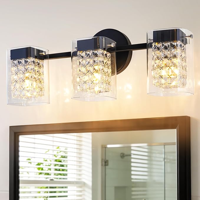 Modern Crystal Vanity Lights, 3-Light Black Bathroom Light Fixtures with Clear Shades, Bathroom Lighting Fixtures Over Mirror Wall Light for Hallway, Decoration,Bedroom（Exclude Bulb）