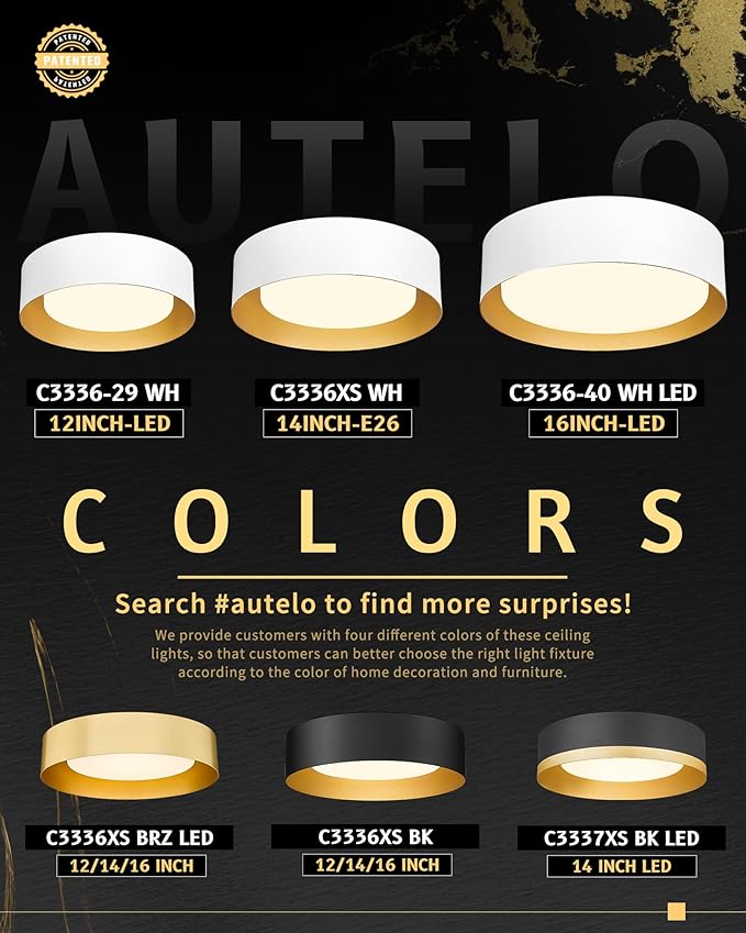 AUTELO 16" Ceiling Light, LED 5CCT Flush Mount Ceiling Light, White Light Fixtures Ceiling Mount fo with Frosted Glass in White Finish for Bedroom, C3336-40 WH LED